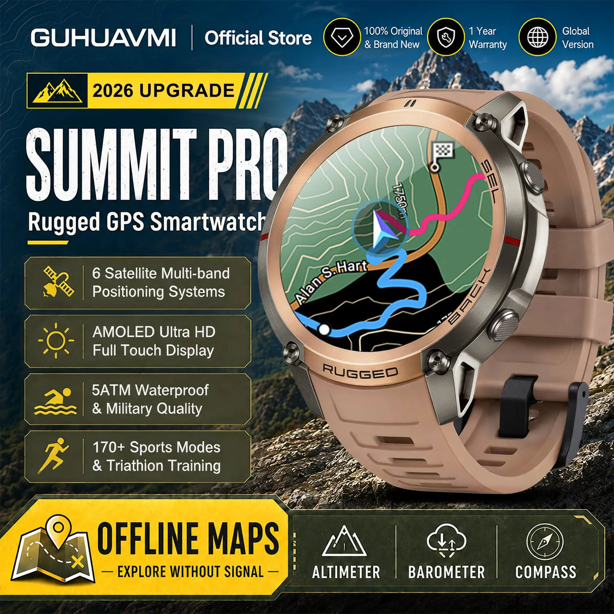 2026 Military Satellite Offline Map GPS Smart Watch Men 1.43''AMOLED Bluetooth Call Compass 5ATM Waterproof 170+Sport Smartwatch by InterCyprus Trading Ltd