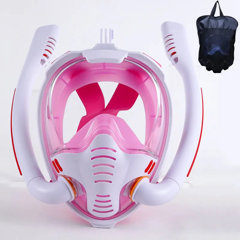 Snorkeling Mask Double Tube &ndash; Full Dry Underwater Breathing White Pink / L/XL