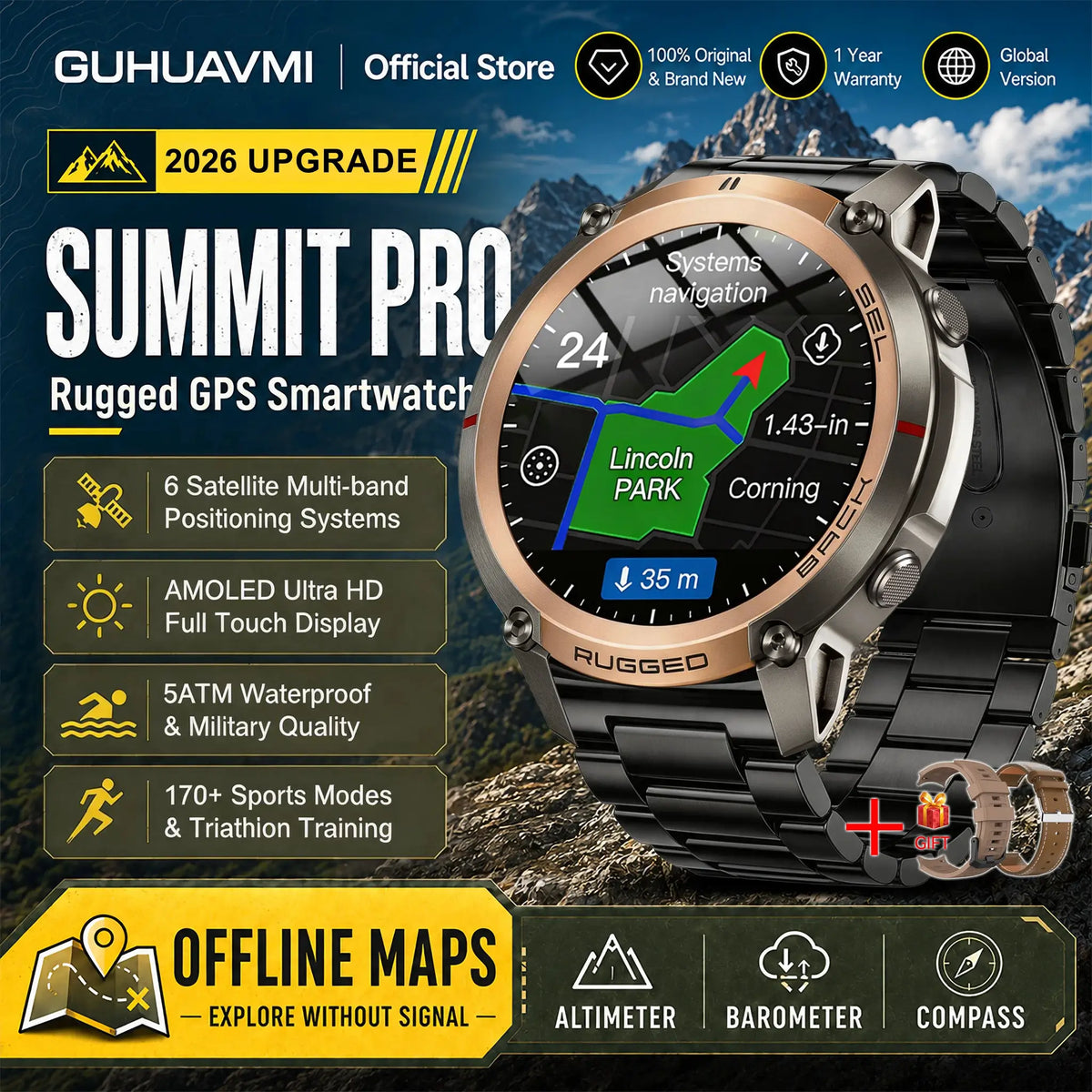2026 Military Satellite Offline Map GPS Smart Watch Men 1.43''AMOLED Bluetooth Call Compass 5ATM Waterproof 170+Sport Smartwatch by InterCyprus Trading Ltd