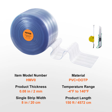 VEVOR 150ft Clear Ribbed Strip Curtain - Durable PVC Roll 150 ft x 8 in / france