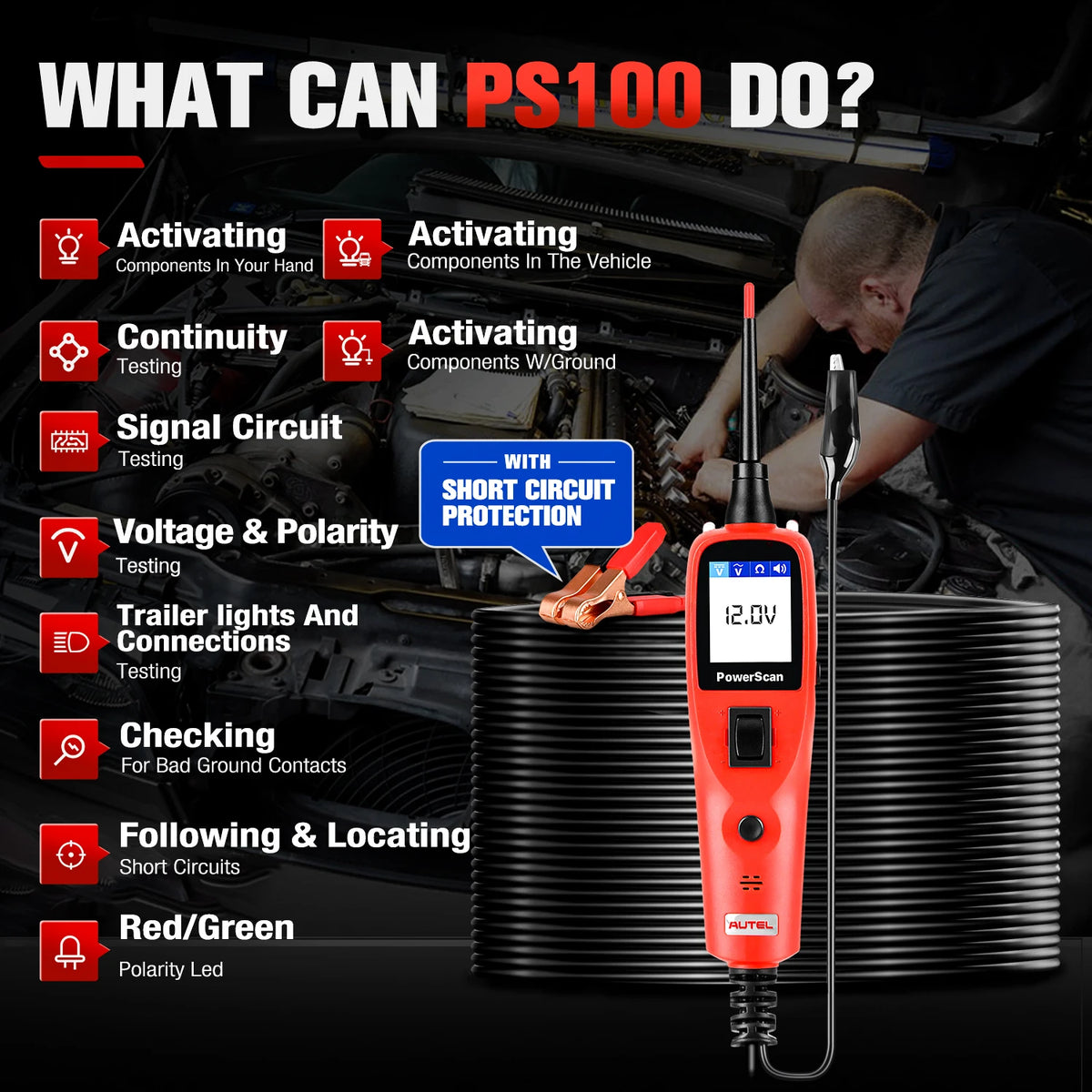 Autel PowerScan PS100 &ndash; Four Work Modes 12V 24V Diagnostic