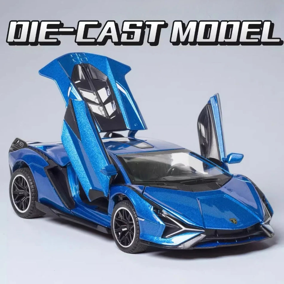 Modelo de coche de diecast Sian FKP37 Revuelto a escala 1:32 con sonido y luces de retroceso.