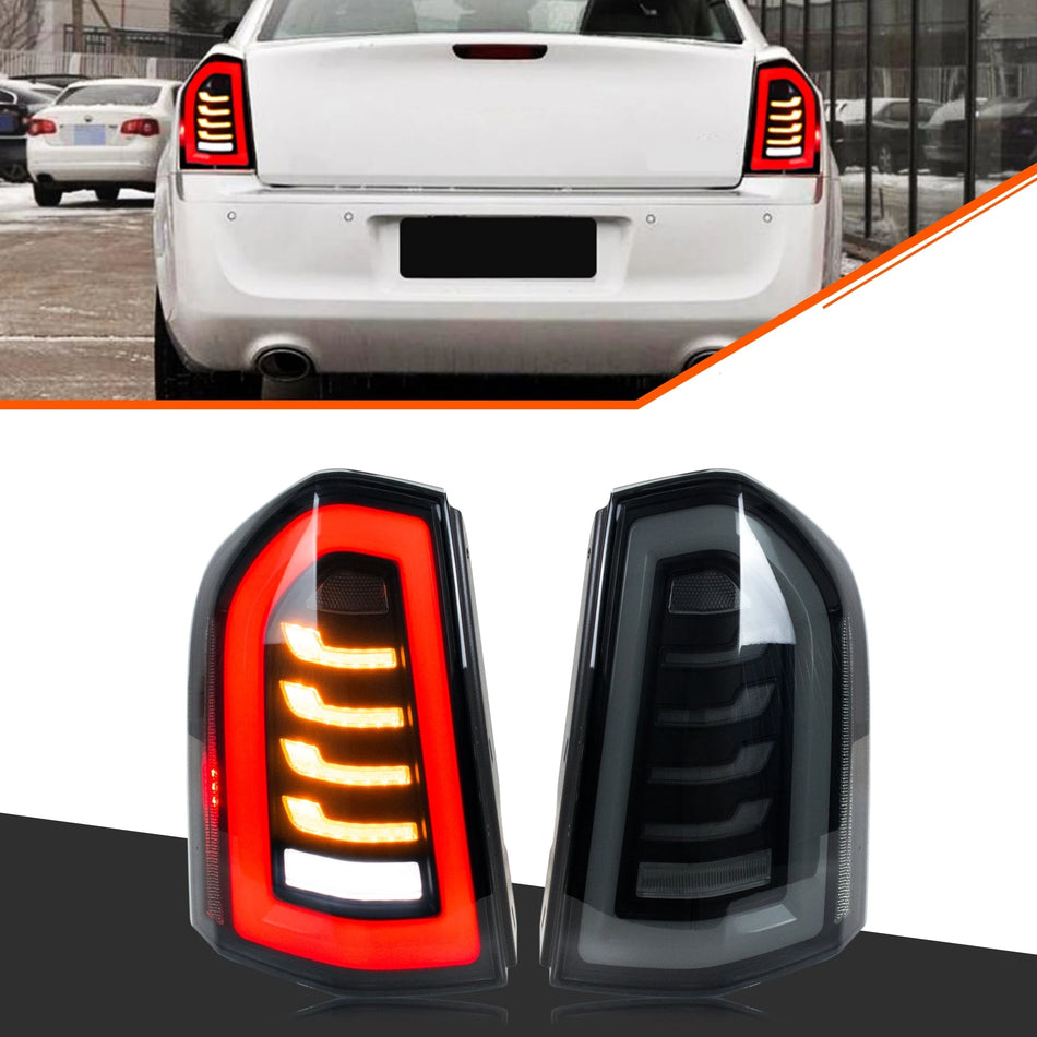 Lampy tylne LED do Chrysler 300 2011 do 2014 z animacją startową i sekwencyjnym kierunkowskazem czarne lampy ABS 3400LM