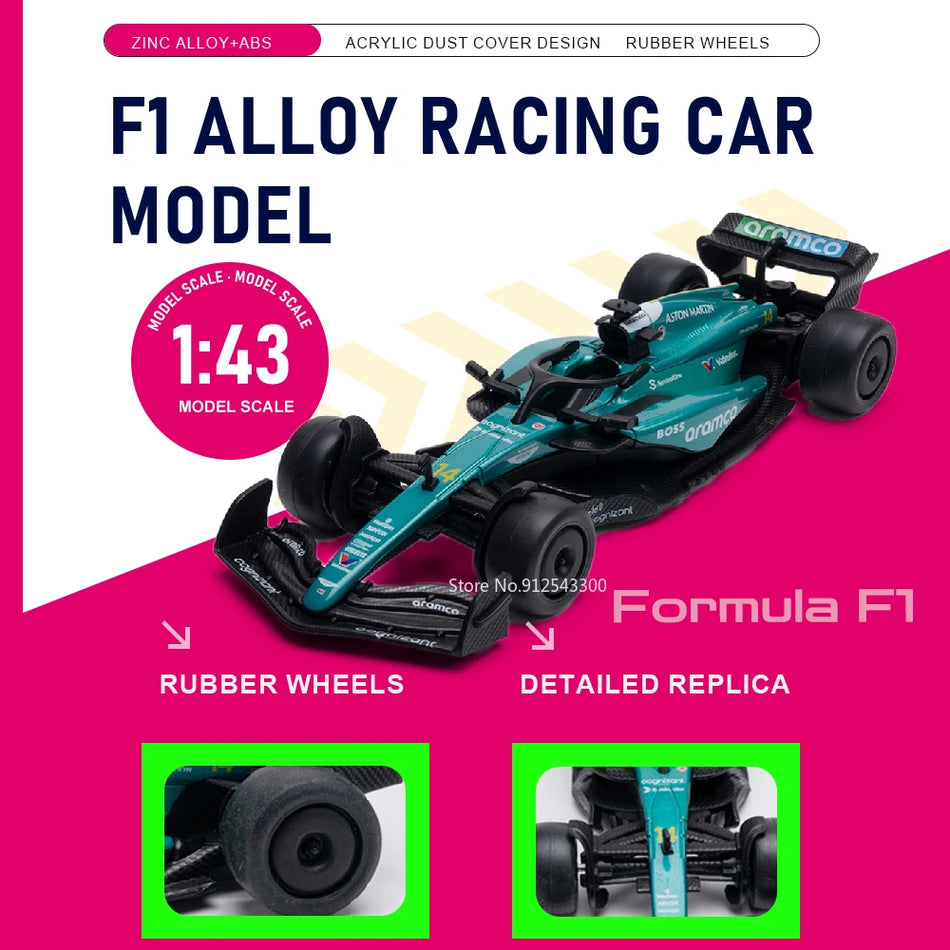 Model de mașină diecast F1 Verstappen la scară 1:43, cu caroserie din aliaj și anvelope din cauciuc.