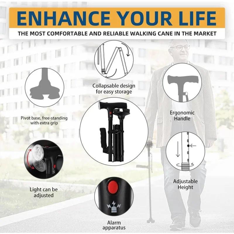 Adjustable Folding Walking Cane &ndash; Lightweight Collapsible Design with LED Light