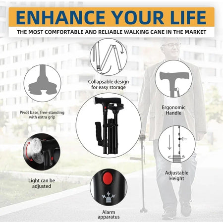 Adjustable Folding Walking Cane &ndash; Lightweight Collapsible Design with LED Light