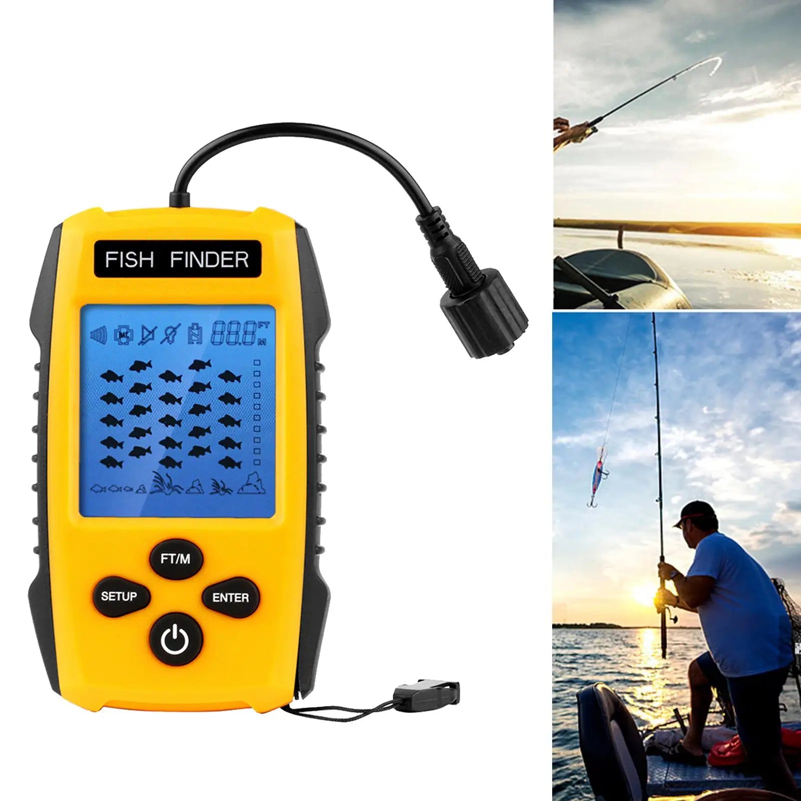 Handheld Fish Finder with LCD Display &amp; Sonar Transducer - 328ft Depth