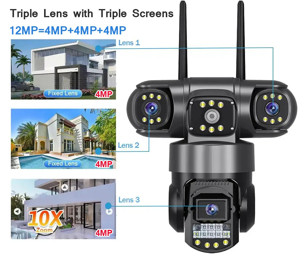 Ultra HD V380 Pro 6K Outdoor WiFi IP Camera with 12MP Triple Lenses, Night Vision &amp; IP66 Waterproof Security Surveillance
