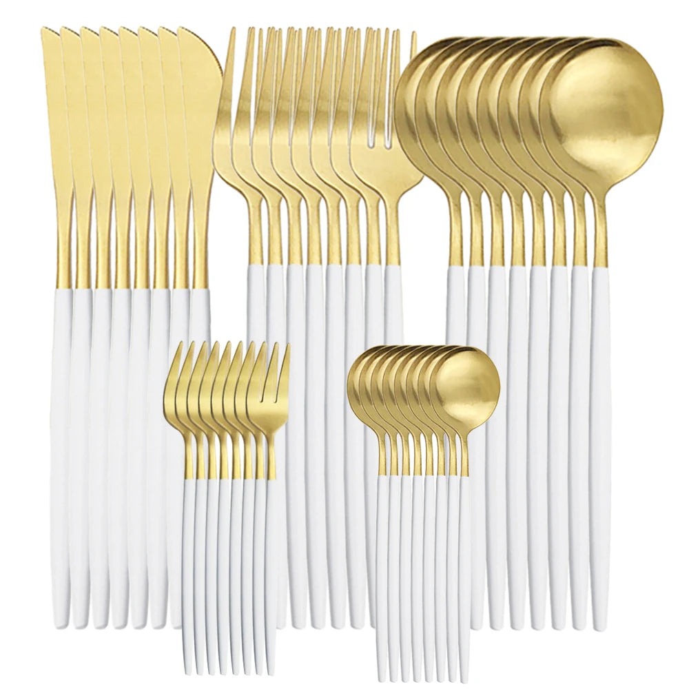 KNGZI 40Pcs Dinnerware Set &ndash; Elegant Matte Gold Cutlery White Gold