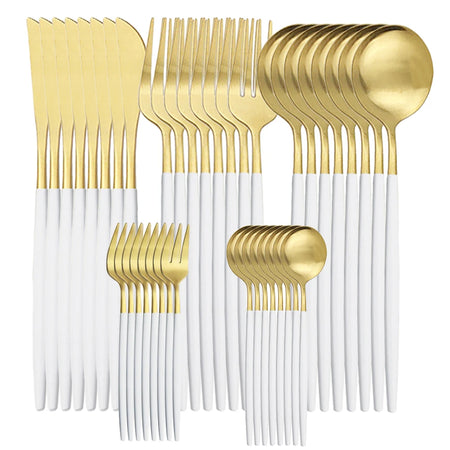 KNGZI 40Pcs Dinnerware Set &ndash; Elegant Matte Gold Cutlery White Gold