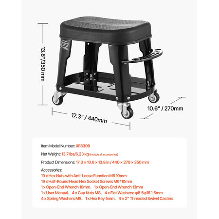 SucceBuy Mechanic Stool 300lbs &ndash; 360 Degree Swivel Black / GERMANY