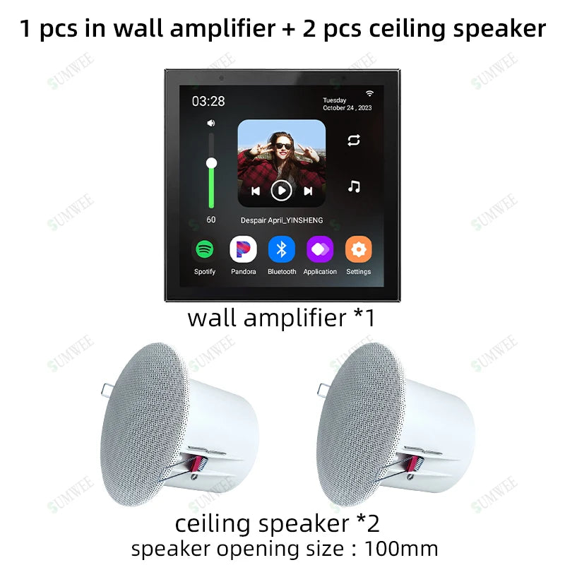 SUMWEE 4-Inch Android 11 Wall Amplifier with Bluetooth and Ceiling Speakers System Black amp-2 spks