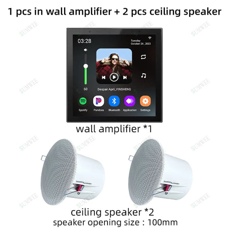 SUMWEE 4-Inch Android 11 Wall Amplifier with Bluetooth and Ceiling Speakers System Black amp-2 spks