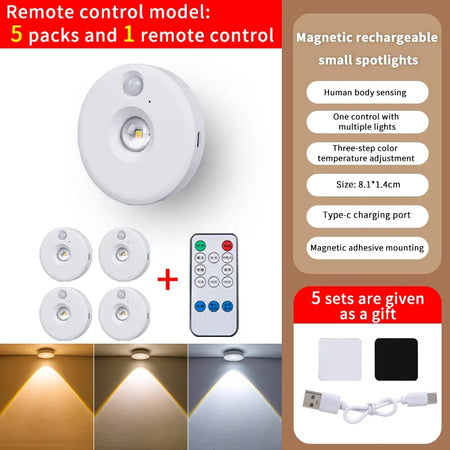 PIR Motion Sensor LED Cabinet Light - Dimmable Night Light 5Lamp With RC / CHINA
