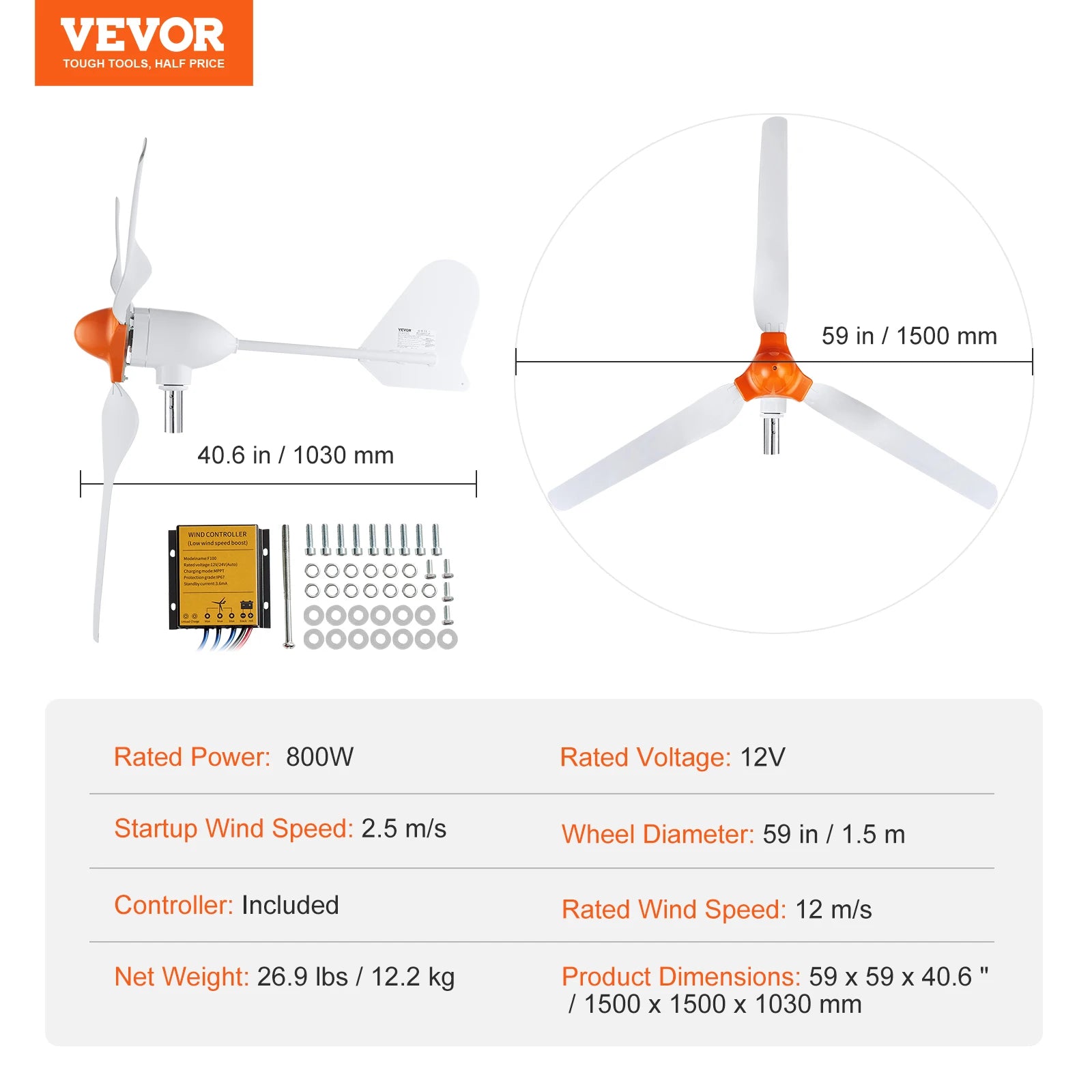 VEVOR 12V 500W/800W Wind Turbine Generator Kit with MPPT Controller