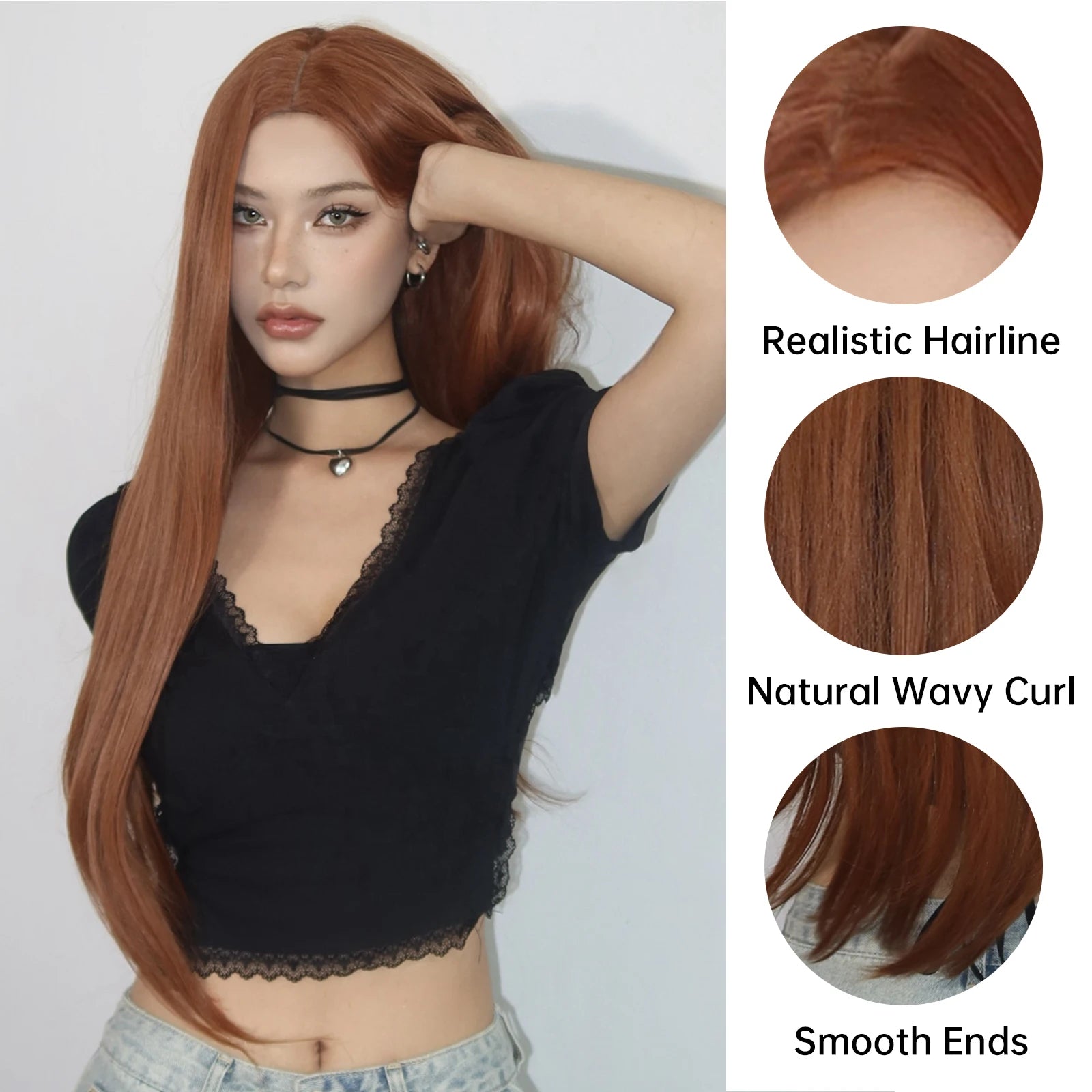 LOUIS FERRE Long Straight Red Brown Copper Synthetic Wig for Daily Use