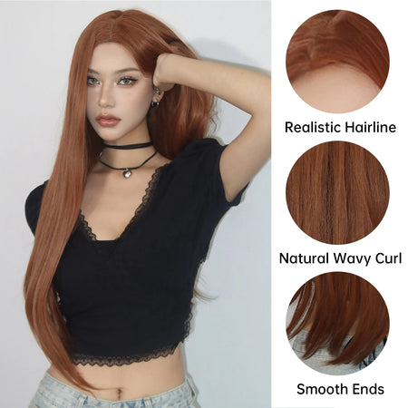 LOUIS FERRE Long Straight Red Brown Copper Synthetic Wig for Daily Use