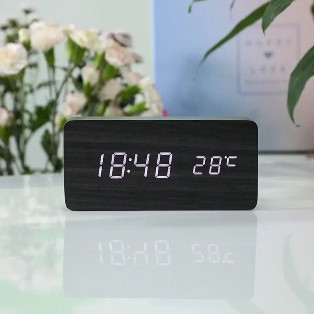 Sleek Wooden Digital Alarm Clock with Voice Control and USB Charging Black Rectangle