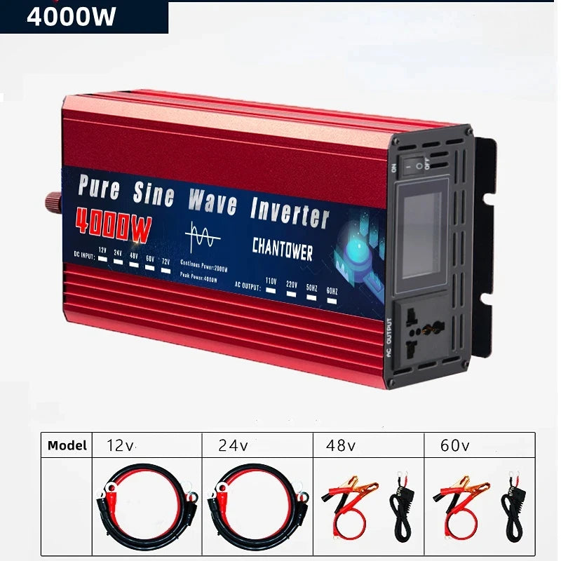 CHANTOWER Pure Sine Wave Inverter - 12V/24V DC to AC, 2000W-5000W 4000W / Universal / 12V|110V 60HZ