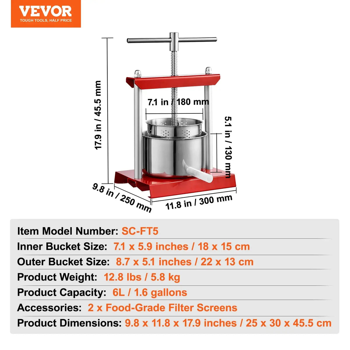 VEVOR Stainless Steel Manual Fruit Press For Home Kitchen 6L / france