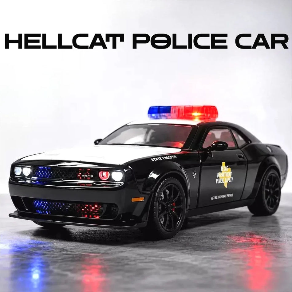 Modelo de coche de policía de metal a escala 1:24 con retroceso, puertas que se abren, Hellcat de ojos rojos.