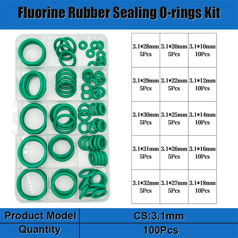 Green FKM Fluorine Rubber O Ring &ndash; Acid And Alkali Resistant Oilproof Seal 100PCS CS 3.1mm