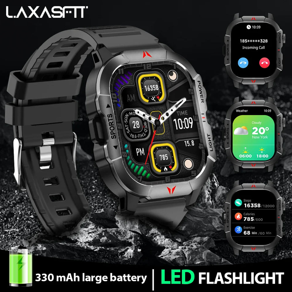 LAXASFIT 2025 Męski Zewnętrzny Smartwatch Latarka LED IP68