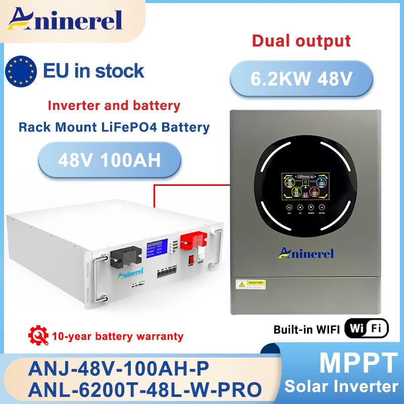 Aninerel 6.2kW 48V Hybrid Solar Inverter With Dual Output, Color LCD, MPPT 120A, 500VDC PV Input