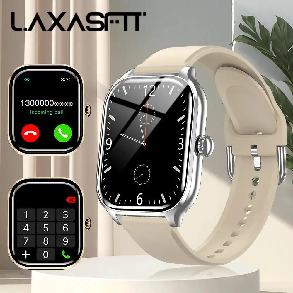 LAXASFIT 2025 Smart Watch 24 Hour Health Monitoring Bluetooth Silver Khaki