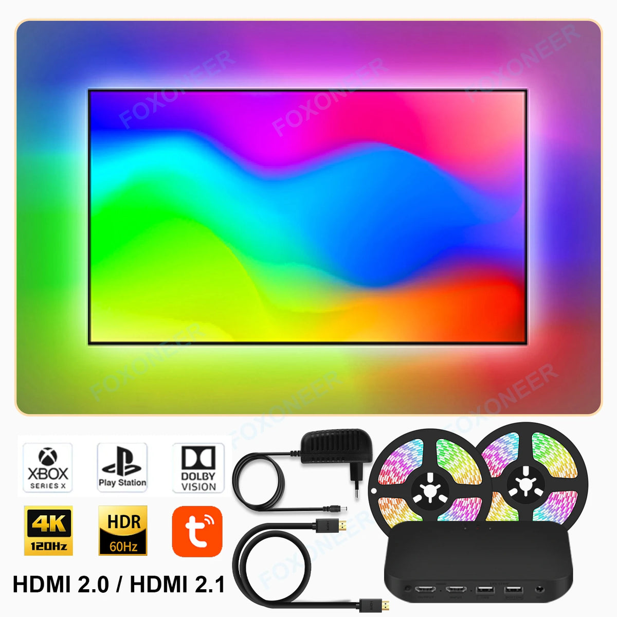 Foxoneer Smart Ambient TV Backlight Kit &ndash; Voice Control 70-90 inch HDMI 2.1 / AU Plug
