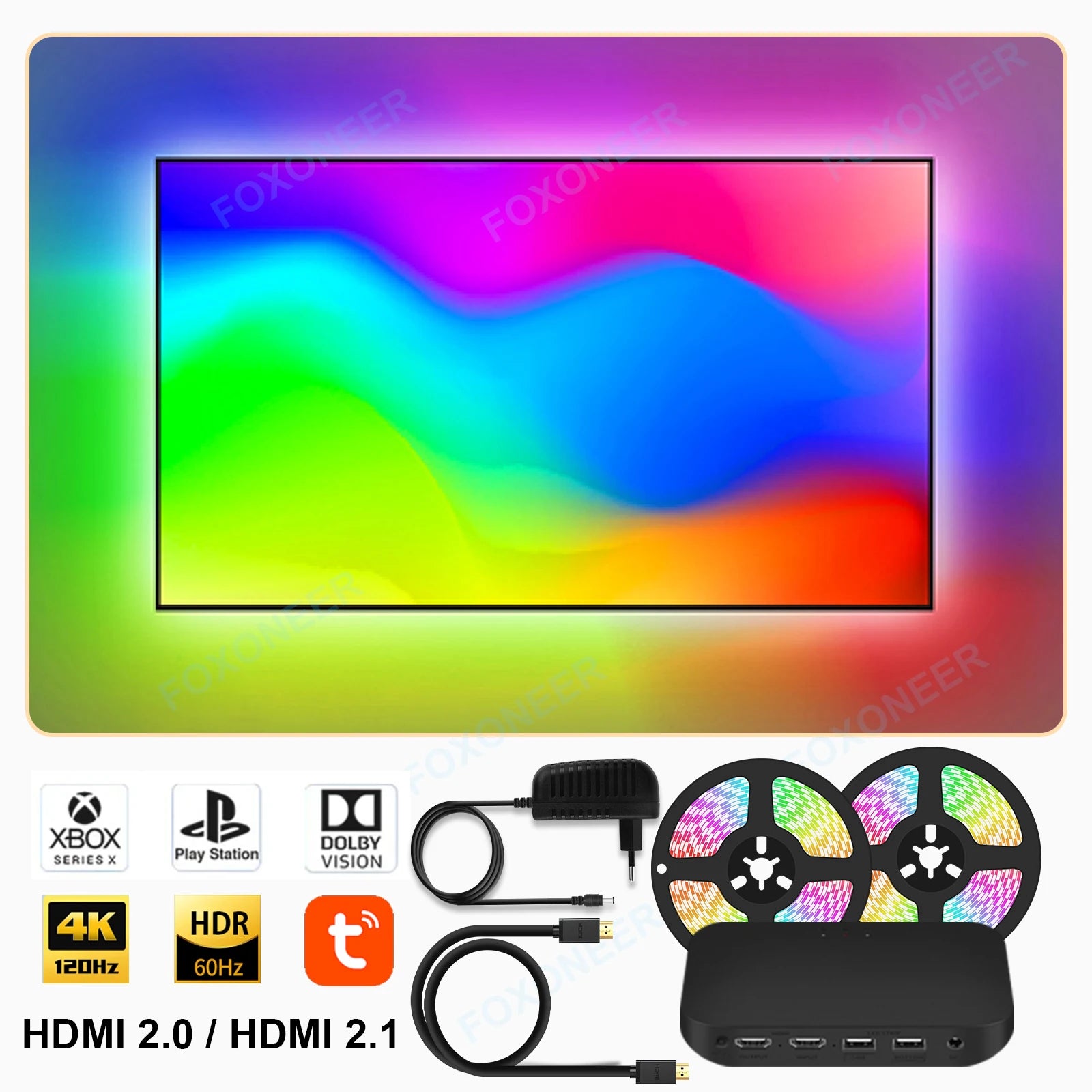 Foxoneer Smart Ambient TV Backlight Kit &ndash; Voice Control 70-90 inch HDMI 2.1 / AU Plug