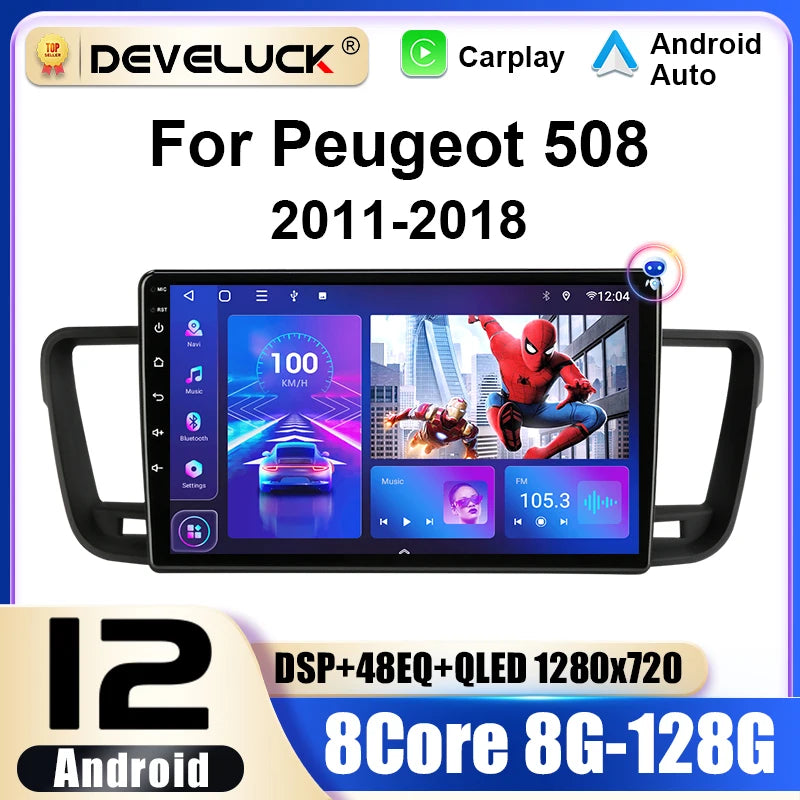 2 Din Android 12 Ραδιόφωνο Αυτοκινήτου για Peugeot 508 2011 έως 2018 με GPS Πλοήγηση 9 Ιντσών Οθόνη CarPlay 4G WiFi RDS