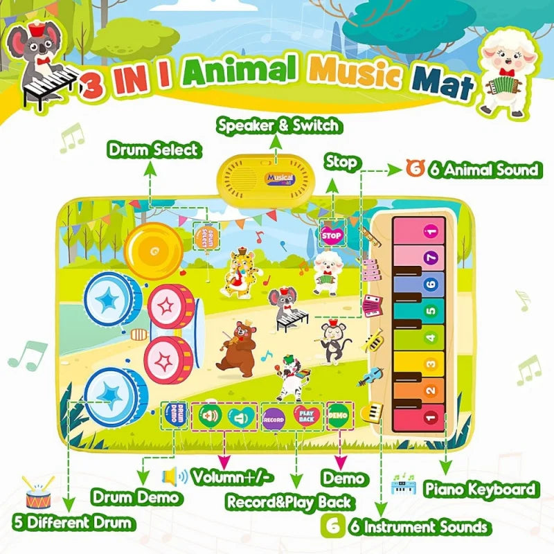 Baby Musical Play Mat, 3 in 1 Floor Piano Drum, Educational Toy for Babies, Animal Touch Blanket, Plastic