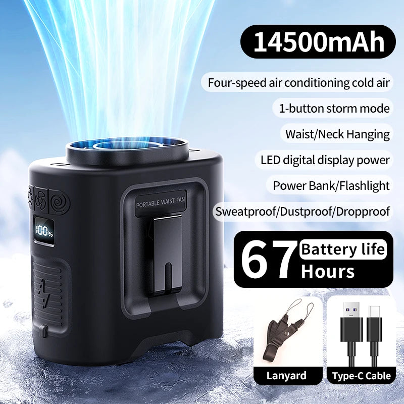 Socool 14500mAh Portable Waist Fan &ndash; 360&deg; Rotating Design with Strong Wind 14500mAh Black