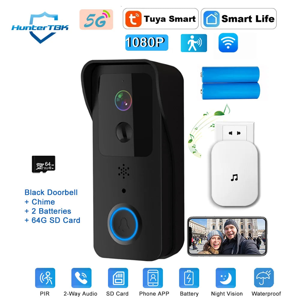 5G 2.4G WiFi Video Doorbell Black Option 3 / EU Plug