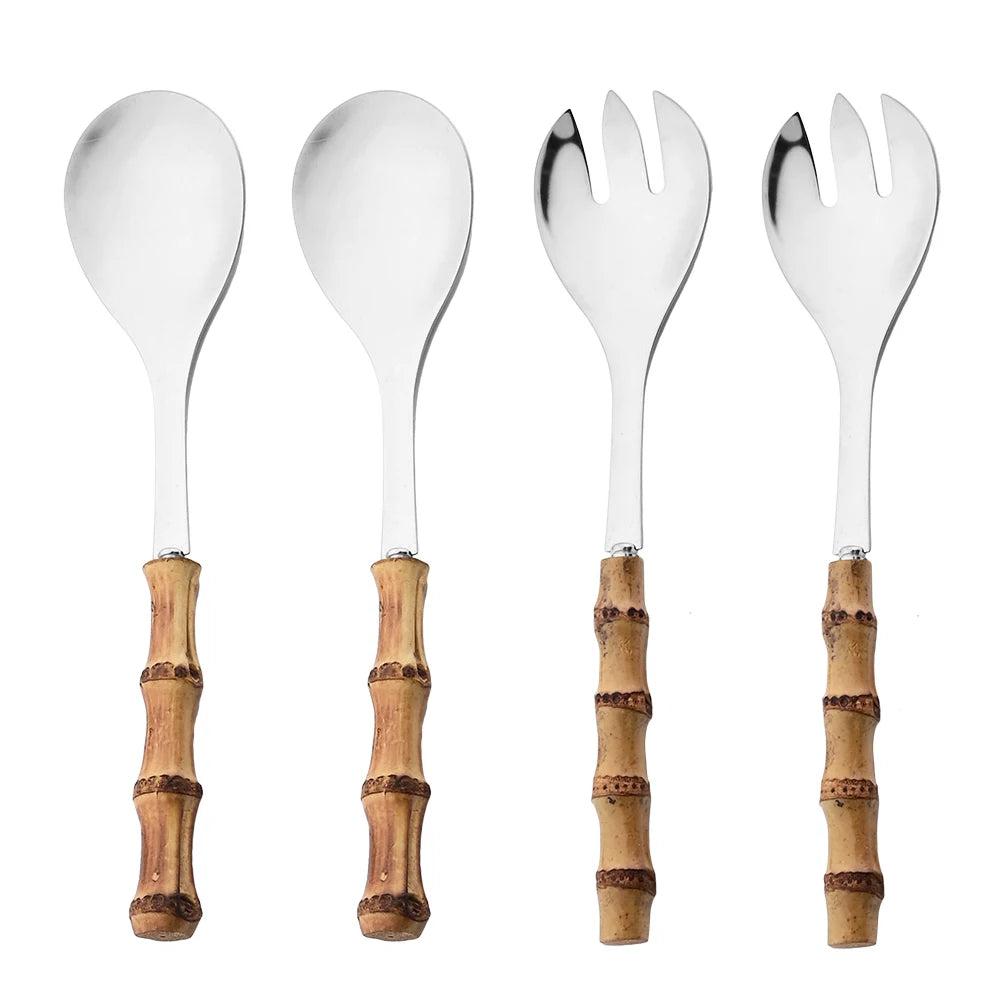 KNGZI 4Pcs Long Handle Serving Spork Set &ndash; Elegant Bamboo Wooden Handle
