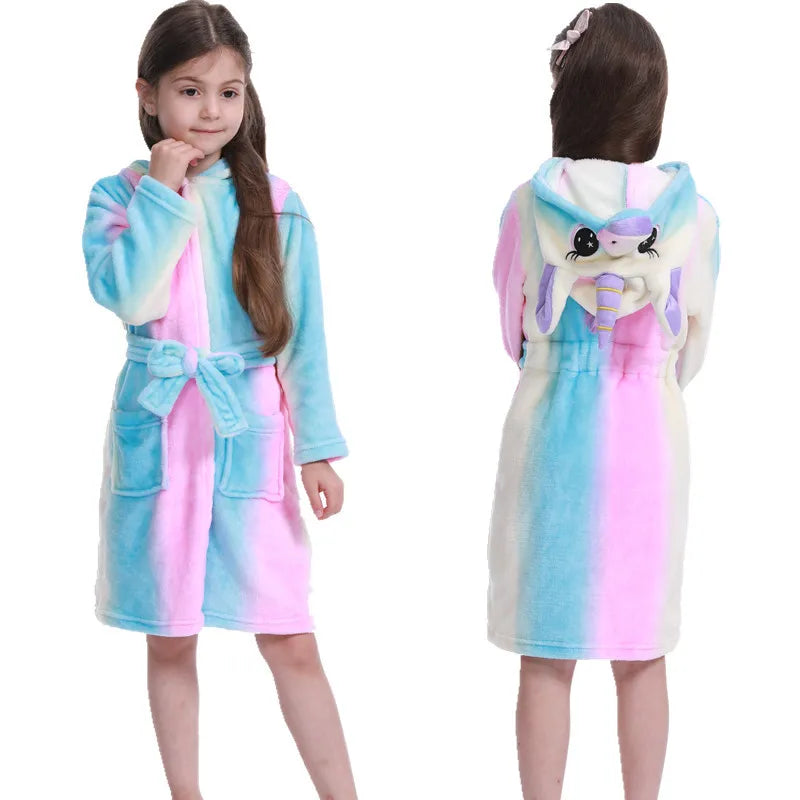 Unicorn Kids Hooded Bathrobe - Flannel Fleece Sleepwear for Girls Pink puple / 150CM(8-9Years)