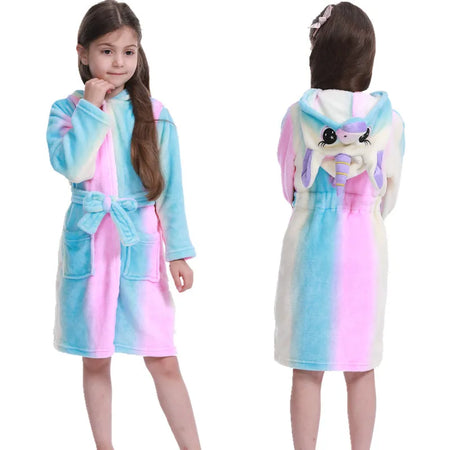 Unicorn Kids Hooded Bathrobe - Flannel Fleece Sleepwear for Girls Pink puple / 150CM(8-9Years)