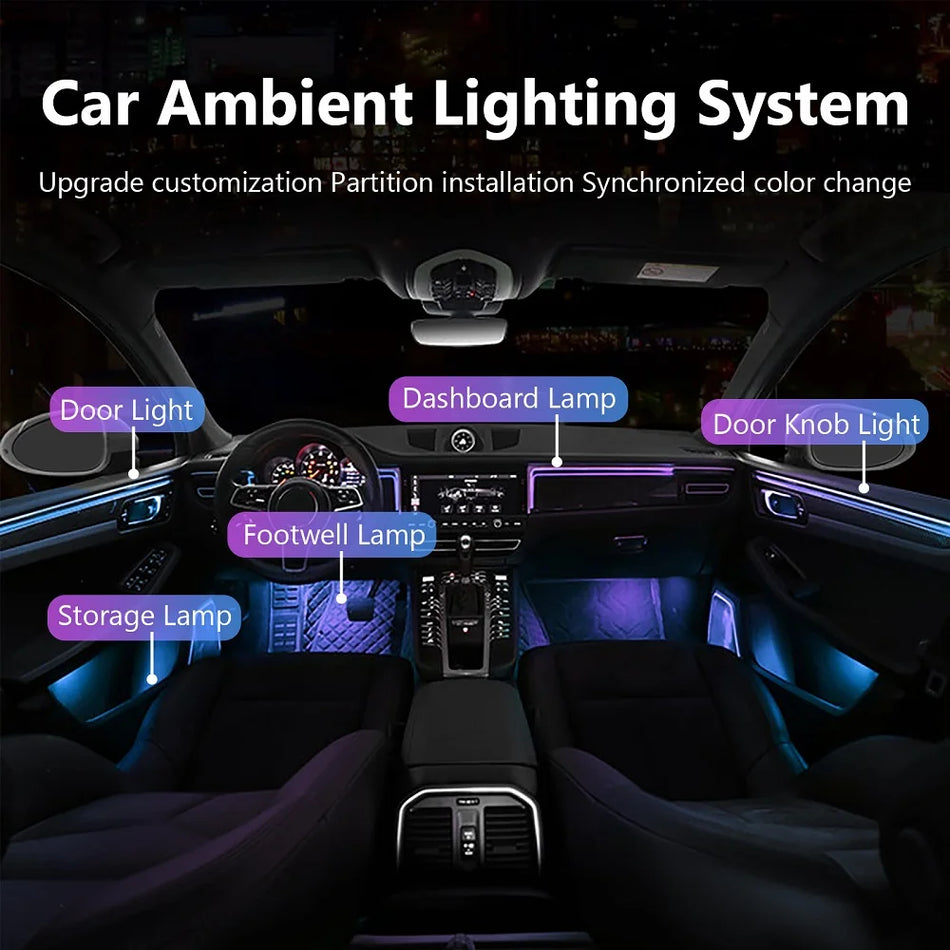 Automobilių interjero aplinkos apšvietimas su pluoštinėmis optinėmis RGB, 256 spalvų, programėlės valdymas