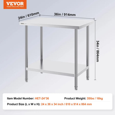 Stainless Steel Prep Table With Undershelf 24x18 34In High 24x36in / UNITED KINGDOM