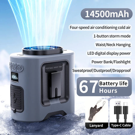 Socool 14500mAh Portable Waist Fan &ndash; 360&deg; Rotating Design with Strong Wind 14500mAh Grey