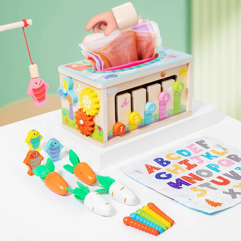Wooden Baby Tissue Box Toy With Montessori Shape Sorting For Toddlers