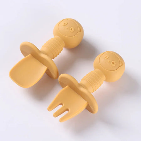 CZSAE 2pcs Silicone Spoon &amp; Fork Set for Baby Feeding Yellow