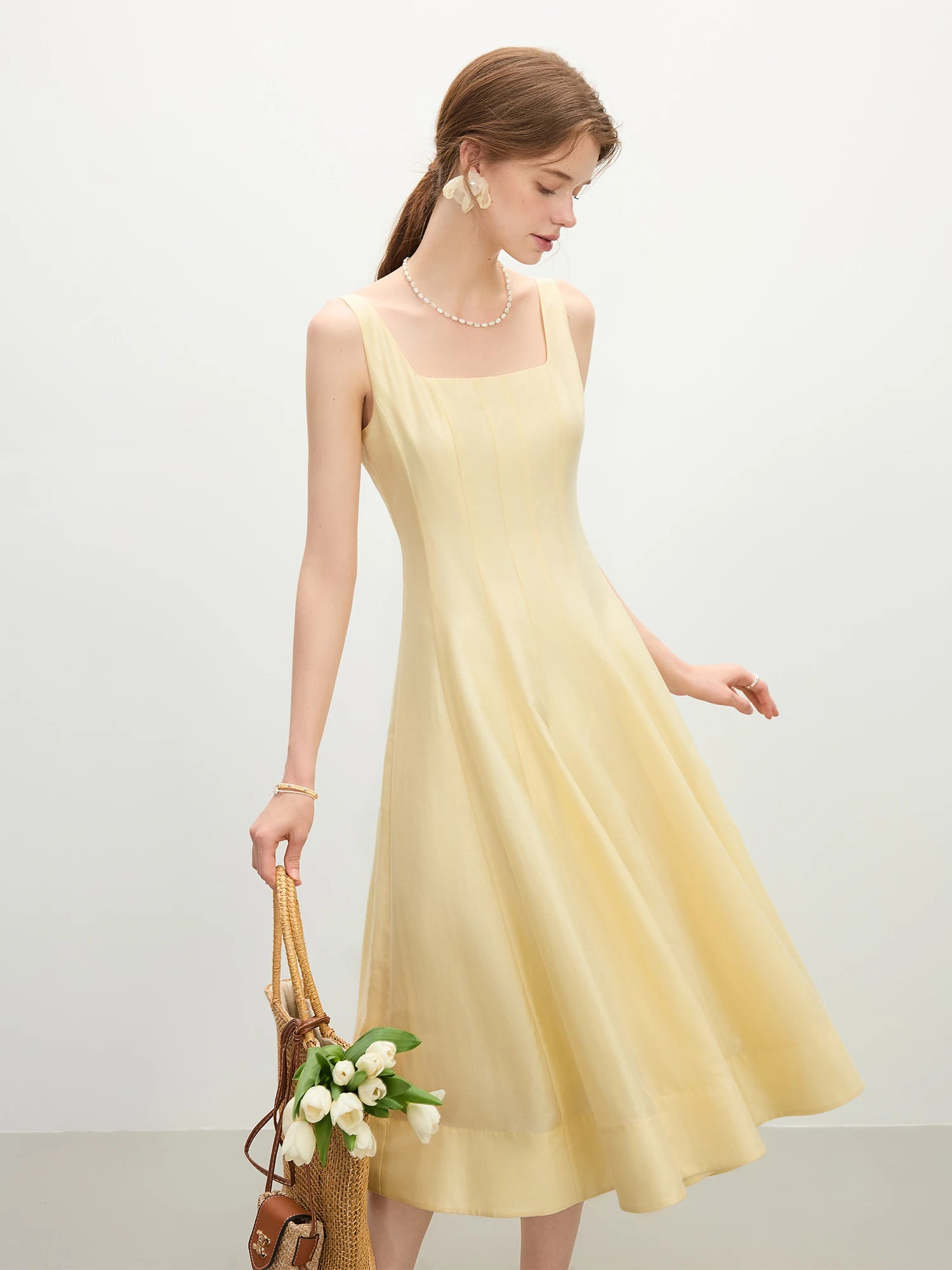 FSLE Slimming High Waist Spaghetti Strap Dress for Summer 2025 Yellow / L