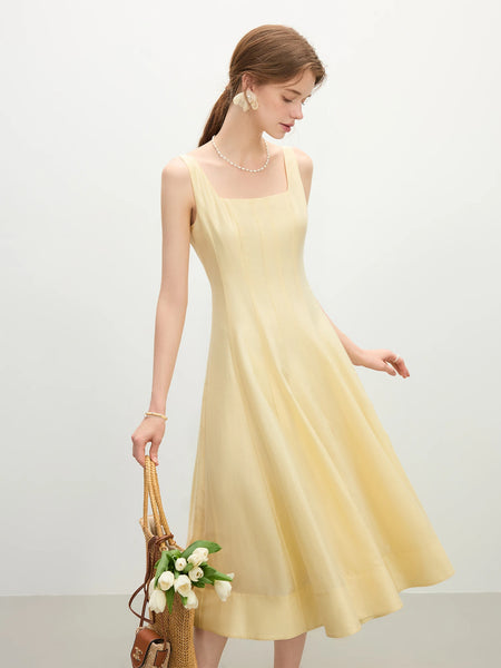 FSLE Slimming High Waist Spaghetti Strap Dress for Summer 2025 Yellow / L