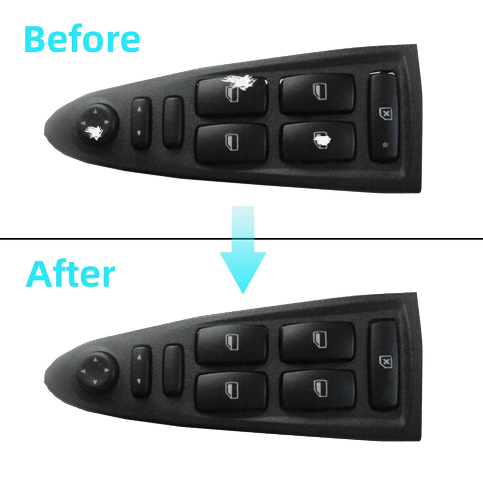Fiat Croma Fensterknopf-Aufkleber zur Reparatur abgenutzter Knöpfe, schwarzes Overlay mit weißem Text