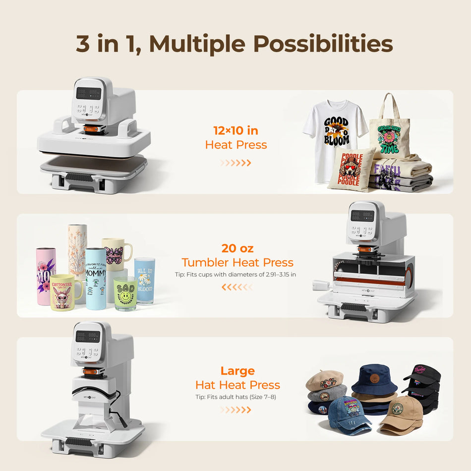 HTVRONT A100 Auto Multi Heat Press - 3-in-1 Auto 12x10in Heat Press Flat Press (T-shirts), Hat Press (Caps), 20 oz Tumbler Heat