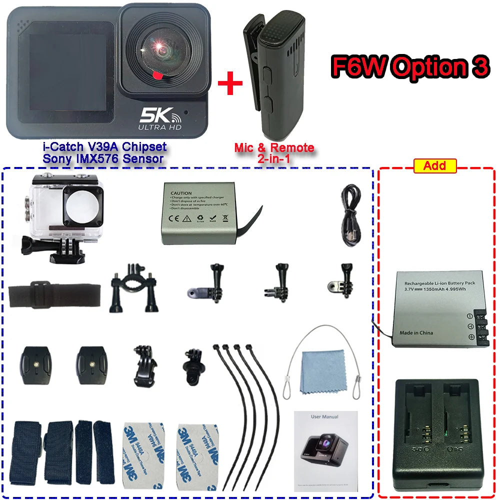 F6W Wireless Mic Action Camera &ndash; 5K Ultra High Definition with Dual Screen F6w Option 3 / Option Add Bag