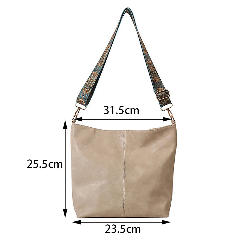 Vintage PU Leather Bucket Crossbody Bag with Wide Strap