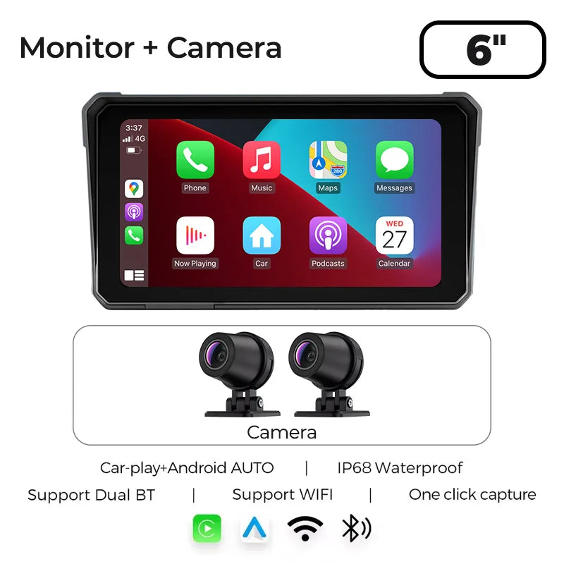 GreenYi 6 Inch Wireless Apple Carplay Motorcycle DVR &ndash; 2K HD GPS Navigation Waterproof Camera With Camera / None